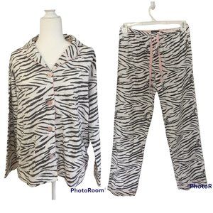 Pj Salvage Flannel Pajama Set Gray/White Zebra Print Pink Trim Women’s Sz S NWT